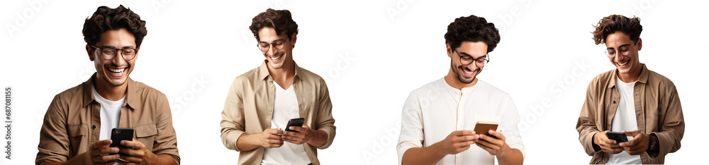 Wall mural set happy smiling man using mobile phone for texting or talking isolated on transparent white backgr
