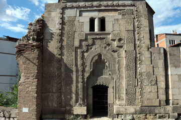 Hilafet Gazi Tomb was built in the 13th century. A view of the stonework on the entrance facade of the tomb.