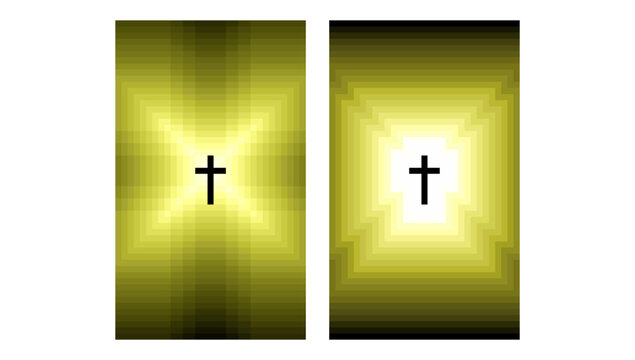 pixel art shining golden cross background. Religious symbol. Glowing Saint cross. Easter and Christmas sign. Heaven concept. Vector illustration