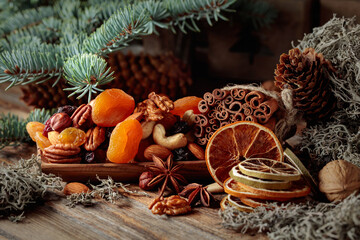 Christmas still-life with dried fruits and nuts.