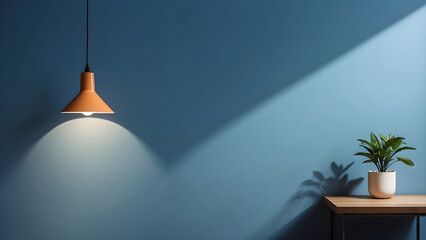 Simple lamp hangs on blue wall and illuminates it, space for text or presentation - obrazy, fototapety, plakaty