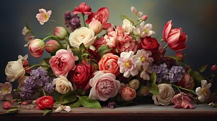 Obraz na płótnie Canvas a mixed bouquet of roses and tulips, their diverse colors and textures coming together in a harmonious and captivating floral display against a blank canvas.