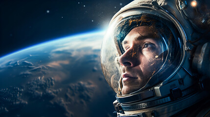 Close-up portrait of a male astronaut in a helmet in outer space, looking at a copy of space against the backdrop of the planet Earth. Space travel and exploration concept. - obrazy, fototapety, plakaty