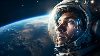 Schilderijen op glas Close-up portrait of a male astronaut in a helmet in outer space, looking at a copy of space against the backdrop of the planet Earth. Space travel and exploration concept. © Tetiana