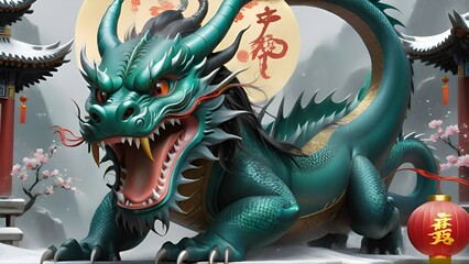 Generative AI realistic image of a green dragon against the background of mountains, pagoda and cherry branches