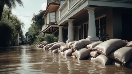Close-up of Sandbags for Flood Protection in Front of Flooded Homes on a Waterlogged Street