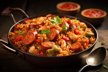 Spicy Homemade Cajun Jambalaya Meal: Sausage, Chicken & Rice Cooked with Louisiana Cookery to Make...