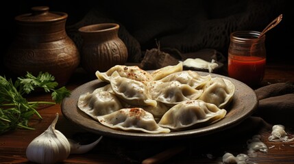 Rustic Dumpling Delight: Pierogi Ruskie with Garlic, Pepper and Rosemary. Vintage-Style Image with...