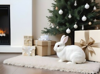 Generative AI white rabbit sitting next to the Christmas tree
