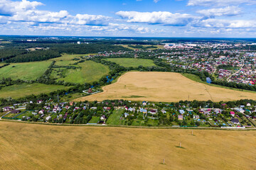 Aerial photo of rural area with Novomikhailovskoye village, Borovsky district, Kaluga region, Russia