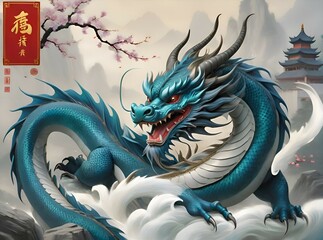 Generative AI realistic image of a green dragon against the background of mountains, pagoda and cherry branches