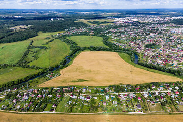 Aerial photo of rural area with Novomikhailovskoye village, Borovsky district, Kaluga region, Russia