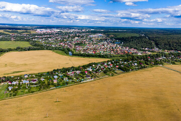 Aerial photo of rural area with Novomikhailovskoye village, Borovsky district, Kaluga region, Russia