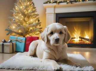 Generative AI golden retriever puppy sitting at Christmas tree