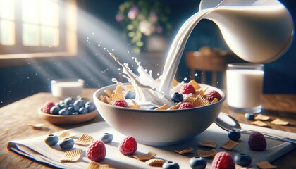 A vibrant bowl of cereal with fresh raspberries and blueberries, captured at the moment milk is poured, creating a lively splash, all bathed in the warm glow of morning light. - obrazy, fototapety, plakaty