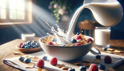 Deurstickers A vibrant bowl of cereal with fresh raspberries and blueberries, captured at the moment milk is poured, creating a lively splash, all bathed in the warm glow of morning light. © John