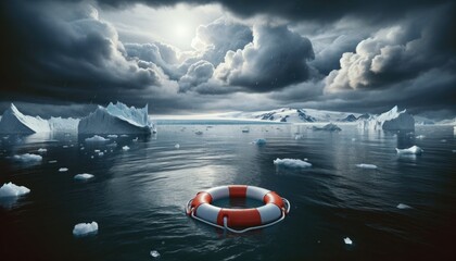 Single lifebuoy floating in the sea amidst melting ice caps, set against a dramatic stormy sky, symbolizing the urgent need for environmental action in the face of climate change.