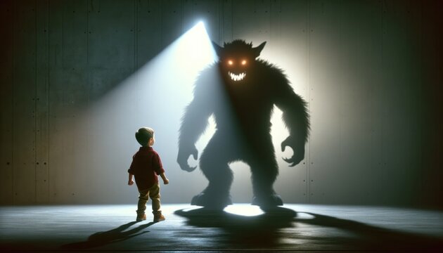 A young child standing fearlessly as their shadow morphs into a mystical monster on the wall behind them, illuminated by a dramatic spotlight, symbolizing the brave confrontation of one's fears.