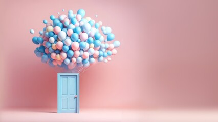 An imaginative depiction of celebration and joy as a cluster of pastel balloons emerges from an ajar blue door against a pink backdrop, symbolizing surprise and delight.