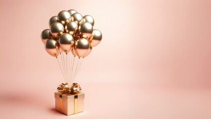 A whimsical composition where a cluster of golden balloons elevates a small gift box against a pastel pink backdrop.