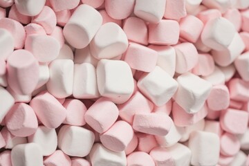 Close-up top view of multicolored pink and white marshmallows background, texture. Sweet delicious food. - Powered by Adobe