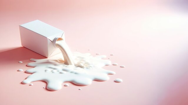 A poignant depiction of an accident turned aesthetic, this image shows a white milk carton tipped over with creamy milk spilled across a soft pink surface.