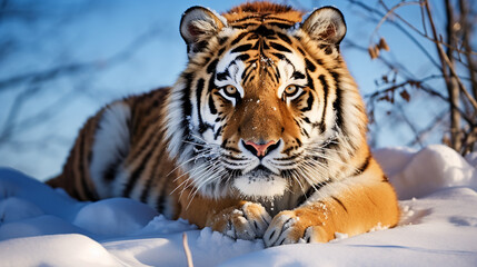 Fototapeta na wymiar Beautiful wild siberian tiger portrait on snow with blue eye, AI Generative.