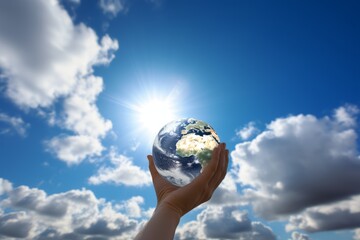 Hands holding planet Earth globe on sky background. Ecological awareness, global peace, and harmonious life without conflict and war. Environmental stewardship and a peaceful coexistence concept.