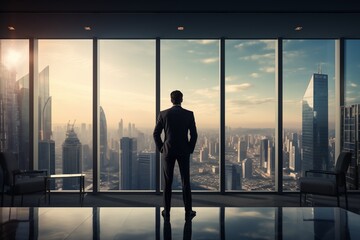 Fototapeta na wymiar Businessman standing in office room and watch downtown
