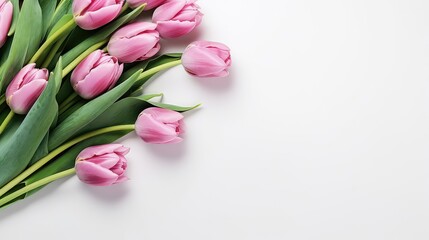 Layout of pink tulips on a white background