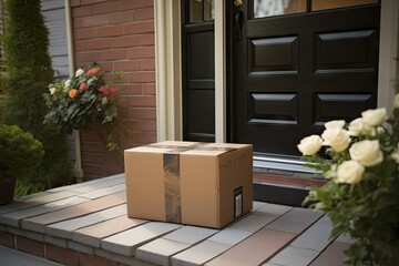 Convenient home delivery. Person delivering brown cardboard box to front door of house. Online shopping experience. Doorstep of parcel conveniently shipped and ready for unboxing