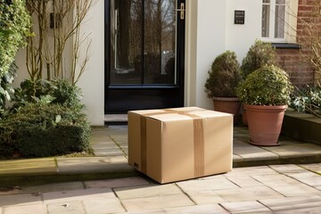 Fototapeta na wymiar Convenient home delivery. Person delivering brown cardboard box to front door of house. Online shopping experience. Doorstep of parcel conveniently shipped and ready for unboxing