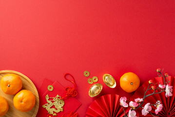 Explore Chinese New Year atmosphere in top-view photo. Fans, Feng Shui artifacts, traditional...