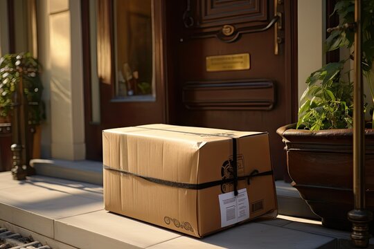 Convenient home delivery. Person delivering brown cardboard box to front door of house. Online shopping experience. Doorstep of parcel conveniently shipped and ready for unboxing