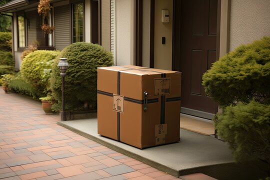 Convenient home delivery. Person delivering brown cardboard box to front door of house. Online shopping experience. Doorstep of parcel conveniently shipped and ready for unboxing