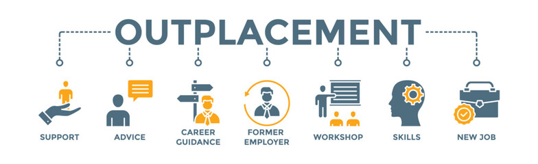 Outplacement banner web icon vector illustration concept with icon of support, advice, career guidance, former employer, workshop, skills, new job, training, and presentation - obrazy, fototapety, plakaty