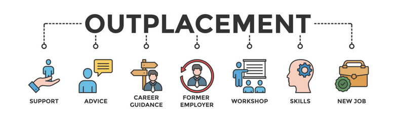 Outplacement banner web icon vector illustration concept with icon of support, advice, career guidance, former employer, workshop, skills, new job, training, and presentation