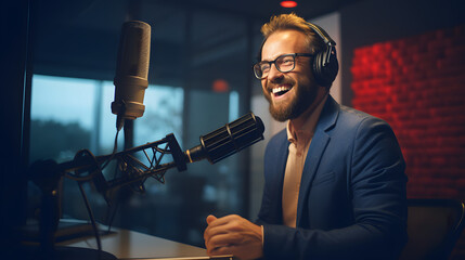 Happy radio presenter speaking into a microphone in a studio. generative ai. - obrazy, fototapety, plakaty