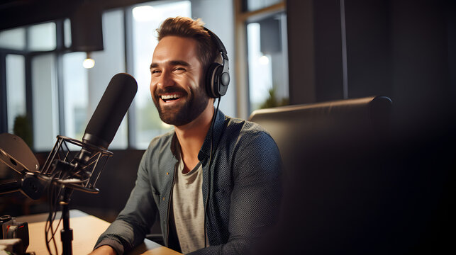 Happy radio presenter speaking into a microphone in a studio. generative ai.