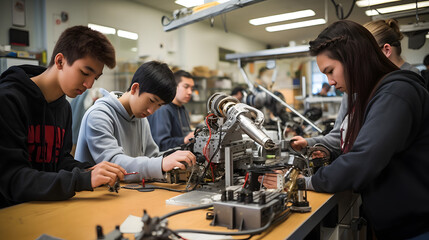High school students working on a robotic arm in class. generative ai.