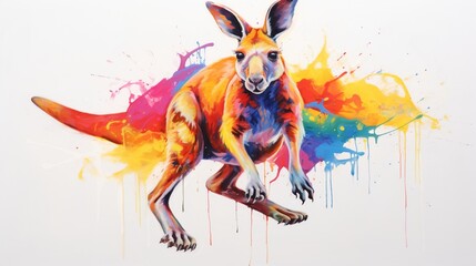 a playful and colorful interpretation of a jumping kangaroo, its powerful hind legs and curious expression brought to life in vibrant hues on a white background,  