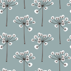Vector seamless pattern with hand drawn dill umbels. Beautiful ink drawing, vintage botanical style. Perfect for prints and patterns