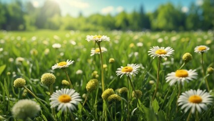 Yellow daisy in green field under blue sky, close-up
