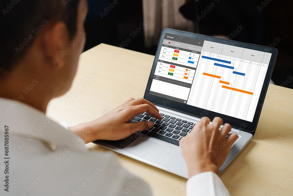 Aufkleber project planning software for modish business project management on the computer screen showing time