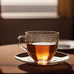 Glass cup of tea on a table, brown tablecloth - 687085977