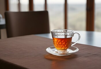 Glass cup of tea on a table, brown tablecloth - 687085981