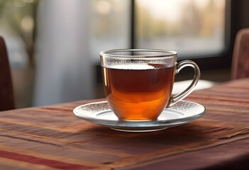 Glass cup of tea on a table, brown tablecloth - 687085984