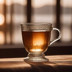Glass cup of tea on a table, brown tablecloth - 687085992