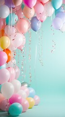 A playful setting of colorful paper streamers and miniature balloons on a pastel-hued background. Party. Vertically oriented. 
