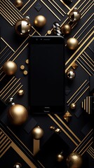 A minimalist New Year scene with sleek, geometric patterns in black and gold, set against a crisp white background. Vertically oriented. 